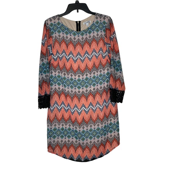 Speechless Lace Trim Long Sleeve Shift Dress Geo‎ Lined  Zip Back Women Size 11 - Picture 1 of 8